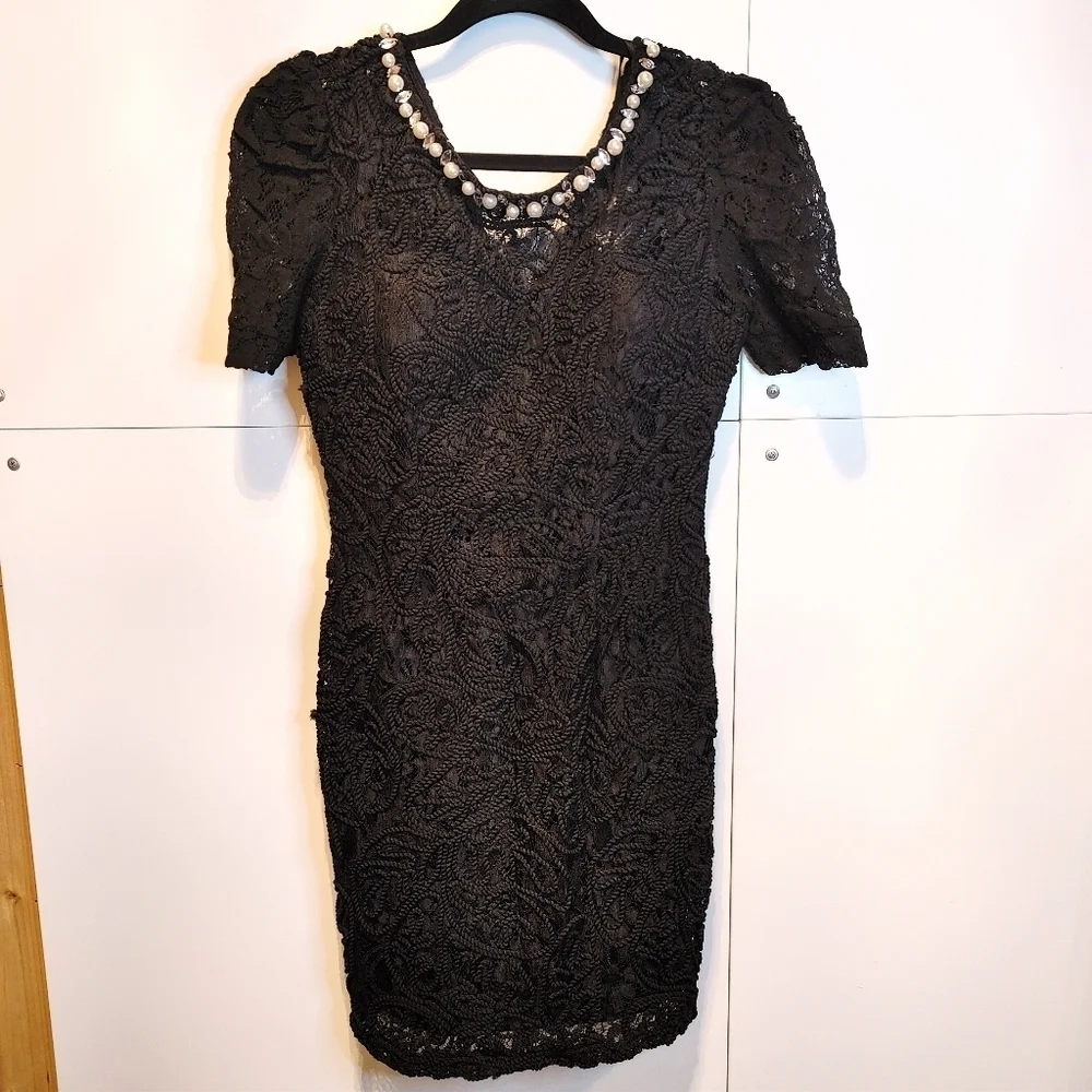 Black Lace Pearl Embellished Dress | Elegant LBD Cocktail Dress - Picture 6 of 8